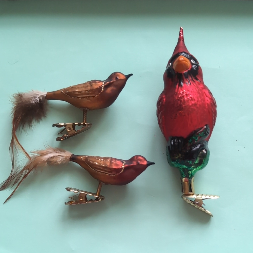Vintage Red Cardinal and Brown Bird Ornaments Set